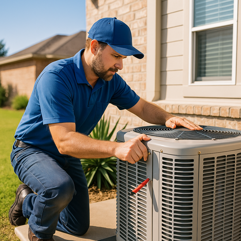 Technician replacing a pleated air filter at the air handler
